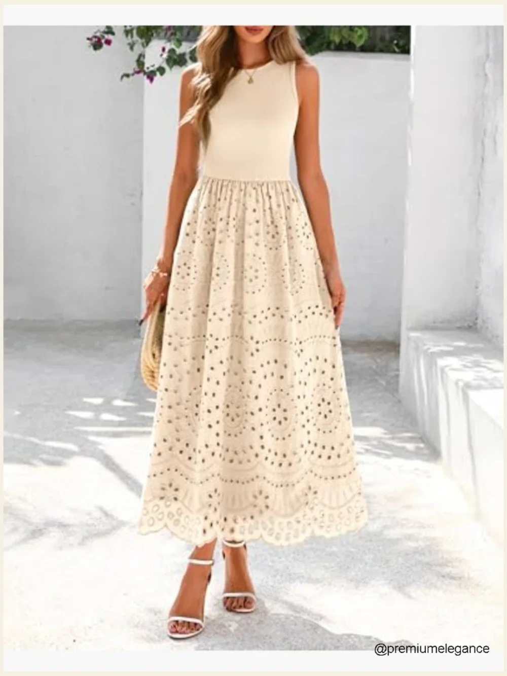 Sleeveless A-Line Maxi Dress with Lace Eyelet and Pockets, Cotton Blend - Picture 3 of 7
